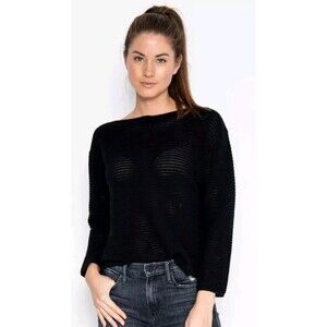 One Grey Day Kaia Women Black Boat Neck 100% Cotton Relaxed Knit Sweater Sz S